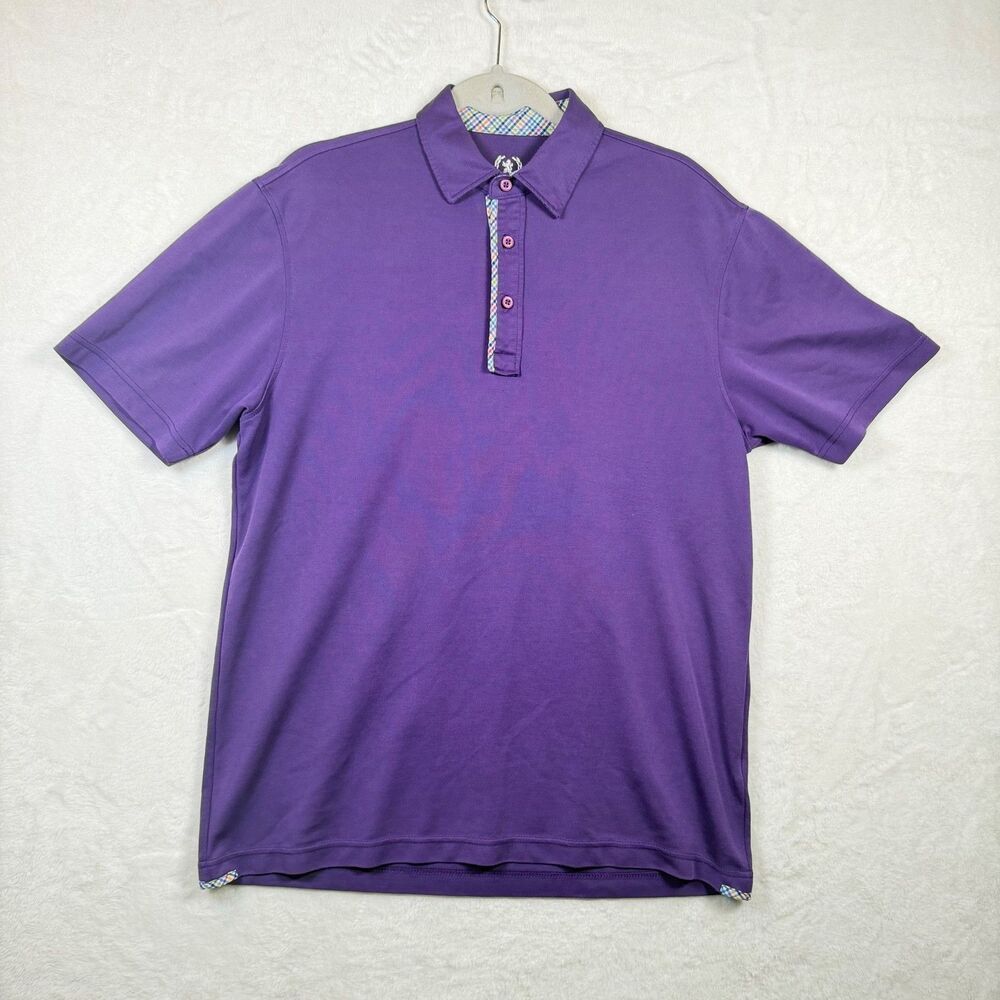 Bugatchi Uomo Polo Shirt M Purple Modal Blend Plaid Trim 3 Button Stretch